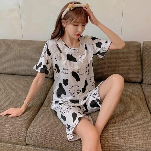 2021 Summer Short Sleeve Knee Length Pajama Sets Women Korean Cute Cartoon Cow Lace Sleepwear Suit Homewear Pijama Mujer Clothes