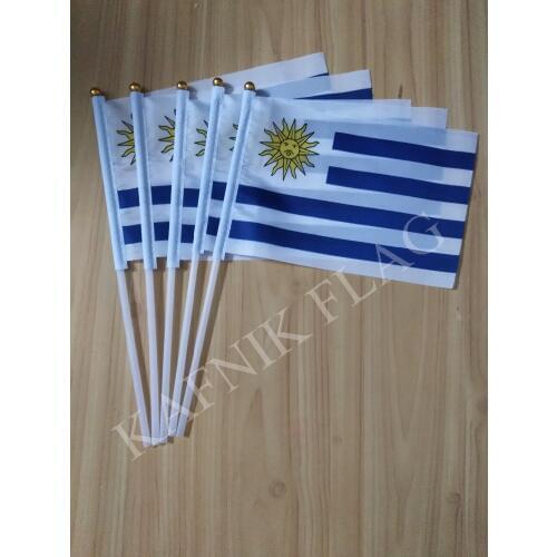 KAFNIK,5pcs 14*21cm Small Uruguay Hand Waving National hand Flag with Pole for advertisement decoration, free shipping
