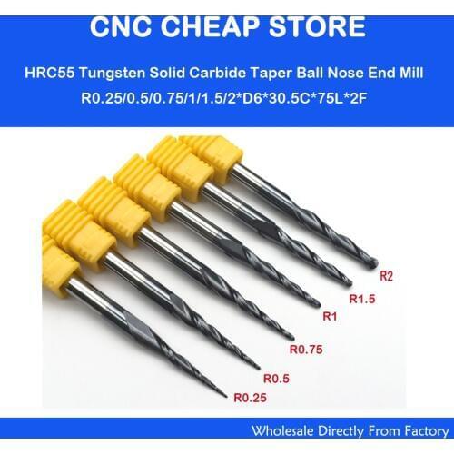 6 Models,R0.25 R0.5 R0.75 R1.0 R1.5 R2.0,CNC solid carbide woodworking router bit,NANO HRC55 tapered ball nose end mill,Cone bit
