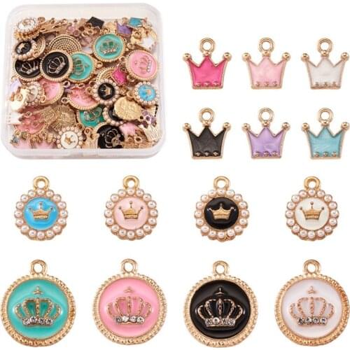 68pcs/box Aolly Enamel Pendants Charms Resin Rhinestone Flat Round with Crown for Jewelry Making DIY Bracelet Supplies