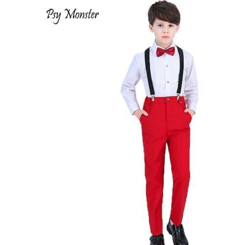 Flower Boys Brand Formal Suit Wedding campus student Dress Gentleman Kids Strap Shirt Pants Bowtie 4Pcs ceremony Costumes