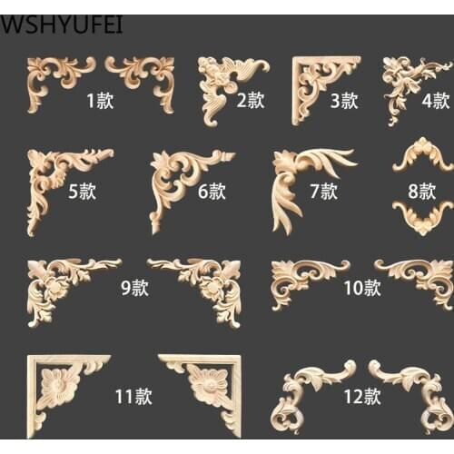2 pcs Floral Wood Carved Wooden Figurines Crafts Corner Appliques Frame Wall Door Furniture Wood Carving Sculptures Decorative