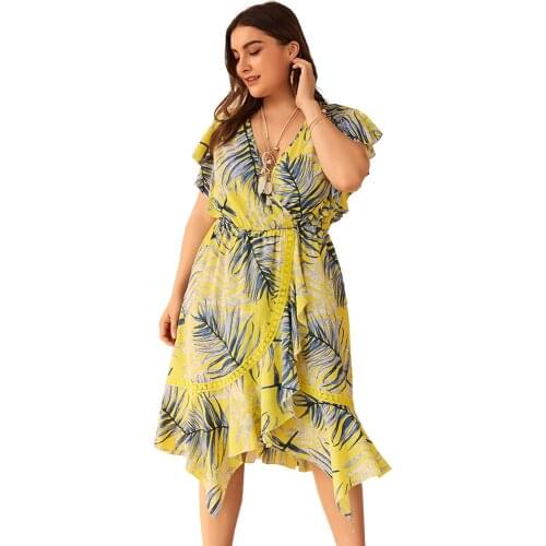 DOIB Plus Size Floral Print Green Leaves Ruffle Short Sleeve Lace Patchwork Irregular Beach Dress XL 2XL 3XL 4XL
