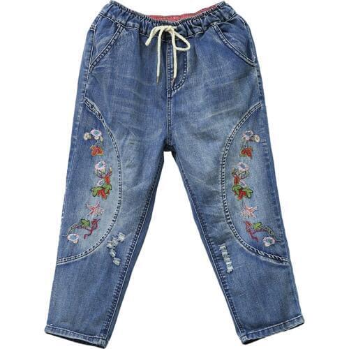 Spring Summer High Waist Jeans Woman Ripped Jeans Women Vintage Floral Embroidered Harem Denim Pant Cotton Pantalon Femme