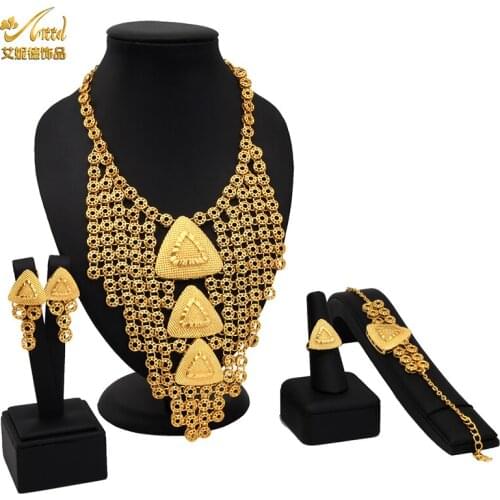 Indian Wedding Jewelry Set 24K Dubai Gold Plated Filled Big Bridal Necklace Earrings Bracelet Ring Jewellery Sets For Women Gift