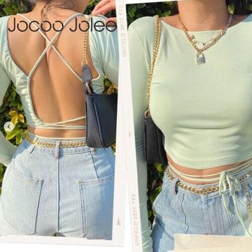 Jocoo Jolee Casual Solid O Neck Lace Up Bandage Cropped Tops Sexy Backless T Shirt Elegant Slim Shirts Harajuku Streetwear