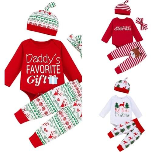 Baby Boy Girl Clothes Sets Rompers+Pants+Hats Socks 4Pcs Christmas Outfits For Toddler Girl Children Xmas Homewear Suits