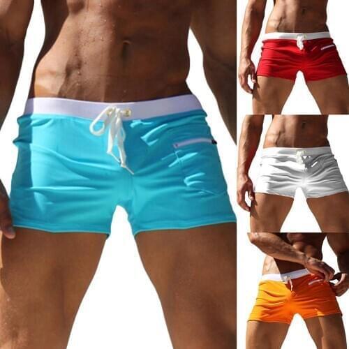 Men Solid Color Swimming Trunks Drawstring Pocket Slim Fits Beach Shorts Swimwear