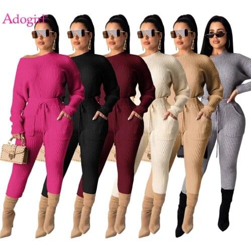 Adogirl 2020 New Women Ribbed Sweater Two Piece Set Off Shoulder Long Sleeve Sweatshirts Top Pencil Pants Fashion Knitted Suits