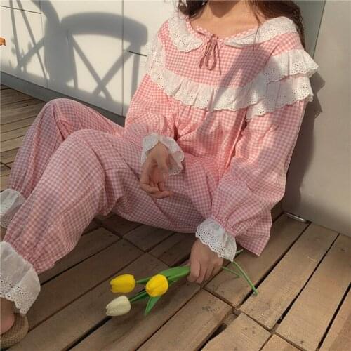 Autunm Cute Homewear New Women Pajamas Pink Plaid Home Clothes 2 Piece Set Fancy Lace Princess Sleepwear Loose Top Pant Pijamas
