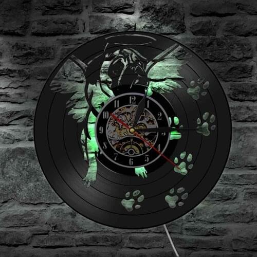 French Bulldog Wall Clock Bulldog With Angel Wing Modern Wall Art Vinyl Record Clock Vintage Pug Dog Home Decor LED Light Gift
