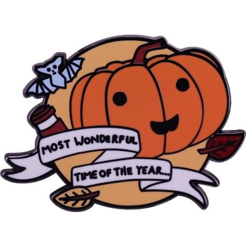 Most Wonderful Time of the Year Badge Leaf Fall Pumpkin Bat Pin Cute Creepy Halloween Decor
