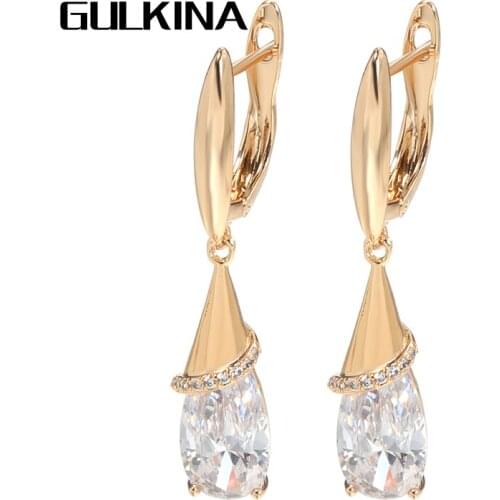 Gulkina Fashion Women Long Earrings Luxury 585 Rose Gold Water Drop Natural Zircon Dangle Earring Fine Jewelry Crystal Gift