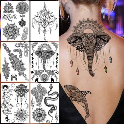 Tribal Elephant Whale Temporary Tattoos For Women Girls Adult Black Henna Tattoo Sticker Fake Mandala Lotus Flower Tatoos Back