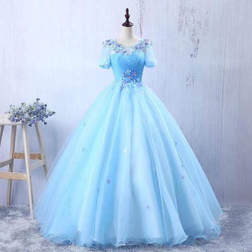 Light blue flower embroidery ruffled beading ball gown medieval dress Renaissance queen Victorian cosplay ball gown Belle Ball
