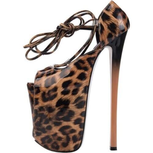 Pumps Women Shoes Patent Leather Lace Up 22CM Thin High Heels Round Toe Peep Toe Leopard Dress Sexy Party Wedding shoes women