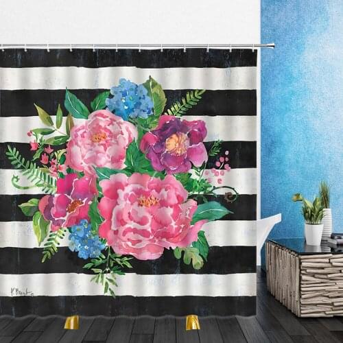 Cartoons Shower Curtains Simplicity Stripe Flowers Green Leaf 3D Print Bathroom Home Decor Waterproof Polyester Cloth Curtain