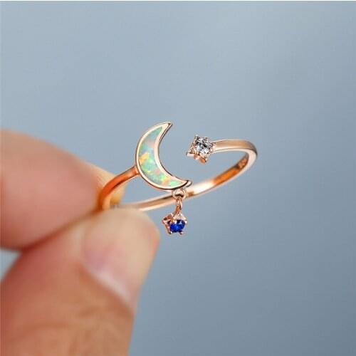 Female Cute Star Moon Pendant Ring White Blue Opal Crystal Stone Engagement Ring Vintage Rose Gold Color Opening Rings For Women