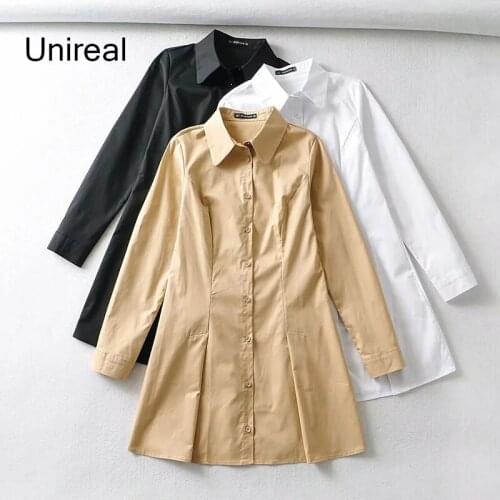 Unireal 2021 Spring New Women Mini Shirt Dress Long Sleeve Casual Loose Single Breated Short Dress