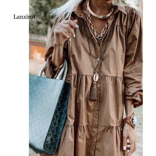 Female Solid Robe Femme Casual Ruffle Dresses Elegant Lapel Loose Vestidos Womens Autumn Mini Shirt Dress Oversized