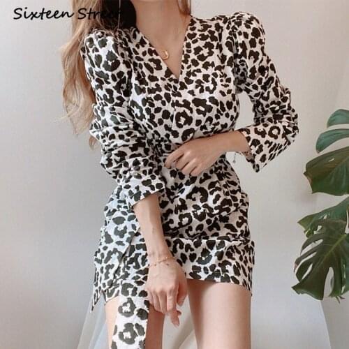 Dresses for Women Autumn Spring Korean Chic Leopard Print V Neck High Waist Long Sleeve Sexy Dress Vintage Y2k Vestido De Mujer