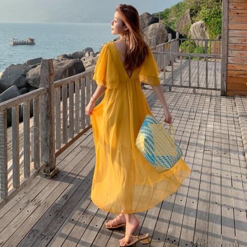 Women Yellow Maxi Dress Summer 2021 Runway Elegant Korean Boho Retro Fairy Backless Beach Vacation Party Night Long Vestidos New