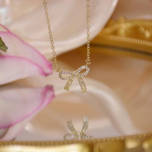 14k Real Gold Plated Fine Jewlry Short Bow Zircon Clavicle Chain Exquisite Micro-inlaid Necklaces for Woman New Daily Necklace