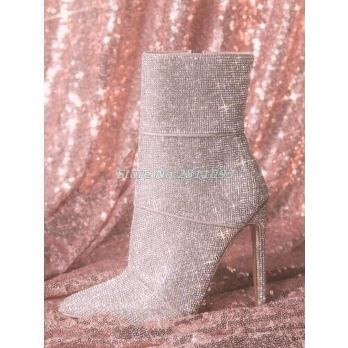 Sequined Glitter Ankle Booties Sexy Pointed Toe Stiletto High Heel Dress Runway Women Shoes Zipper Sparkel Twinkle Dress Boots