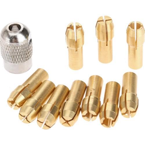 Dophee 10Pcs 0.5-3.2mm Brass Collet Mini Drill Chucks 4.8mm Dremel Rotary Tools+1Pc Mill Shaft Screw Cap Power Tool Accessories