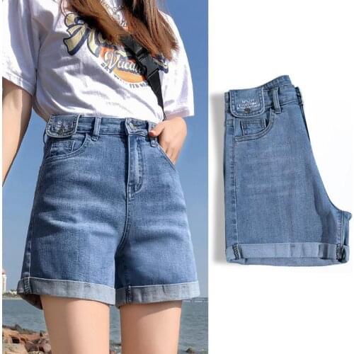 High Waist Straight Leg stretch Summer Women Jeans Short Bottom Fold Washed Pockets Buttons Denim Shorts Street Wear For Girls