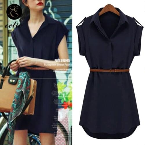 Korean Formal Office Dress Business Women Work Wear Sukienka A Line Mini Short Sleeves Turn Down Collar Dress Belted Shirt Dress