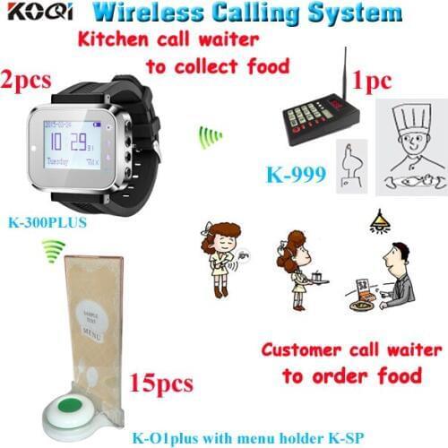 Kitchen to waiter paging system kitchen call waiter to collect food with 1 keypad 2 smart watches 15 table button menu holder