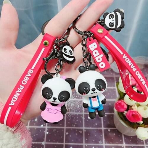 Cute Cartoon Babo Panda Couple Animal Keychain Key Chain Women Kids Toys Rubber Trinkle Key Ring Chains Car Bag Charm D785