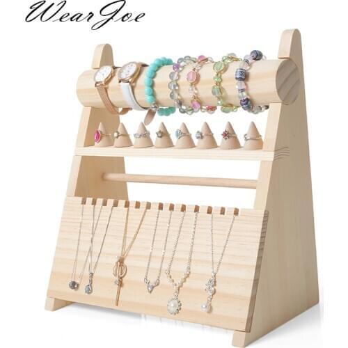 Natural Wood Jewelry Set Display Stand Hair Tie Holder Bangle Bracelet Necklace Organizer Rack Watch Exhibit Rings Storage Shelf