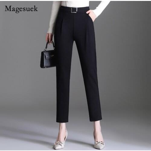Autumn 2021 Women Plus Size Solid Trousers Casual Full Length Pants Harem Pants Elastic Waist Slim Black Pants for Women 16451