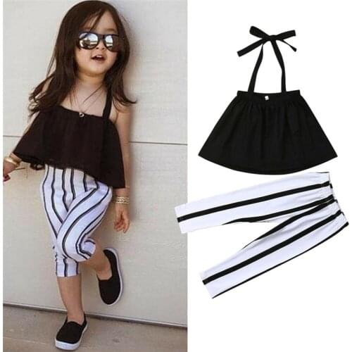 1-6Y Toddler Kids Girls Summer Black Sleeveless Shirt Tops Vest Stripe Pants Trousers 2Pcs Outfits
