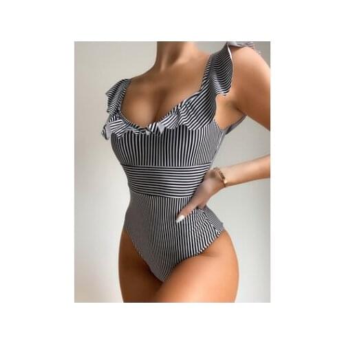 Sexy Black White Striped Ruffled Monokini One Piece Swimsuit Female Padded Suit Swim Lady 65692