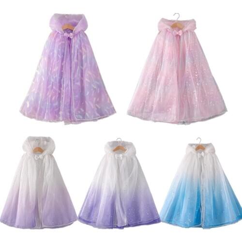 Girl Sequin Elsa Hooded Cloak Snow Queen Matching Princess Dress Elsa Cloak Halloween Christmas Costume Kids Fancy Dress Up Gown