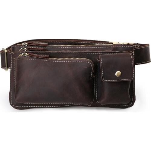 Tiding Genuine Leather Waist Pack Men Fanny Pack Belt Bag Cool Hip Bum Bag Simple Vintage Waist Bags Pillow Day Pack Brown 3162