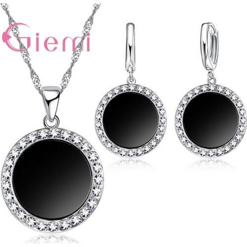 Exaggerate Black Round Pendant Women Girls Fashion 925 Sterling Silver Necklace Earrings Jewelry Set With Shiny CZ Crystal