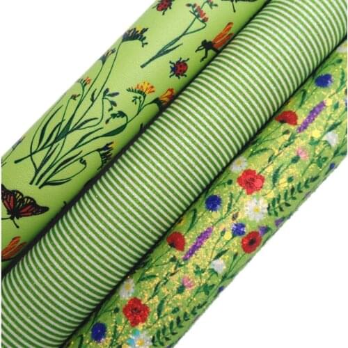 Flowers Printed Iridescent Glitter leather, Stripes Printed Glitter faux Fabric, Flowers Faux Leather Sheets For Bows DIY KM754