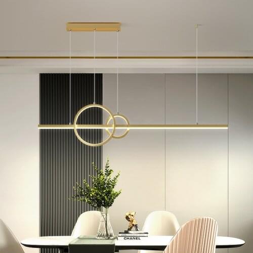 Nordic Minimalist Line Rectangular Chandelier All Copper Three-Color Dimming Dining Bar Counter Living Room Cffice Decor Light