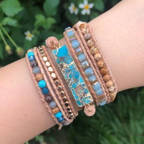 Unique Mixed Natural Stones Gilded Stone Charm 5 Strands Wrap Bracelets Handmade Boho Bracelet Women Leather Bracelet Dropship