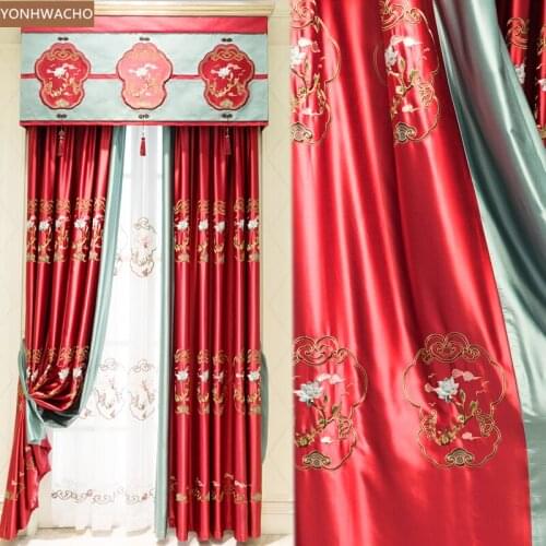 Custom curtain living room classical palace luxury red imitation silk satin cloth blackout curtain valance tulle panel C538