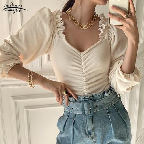 Spring New Elegant Splicing Pleated Puff Sleeve Shirt Sexy Square Collar Blouse Women Lady Chic Curled Slim Solid Shirts 12904