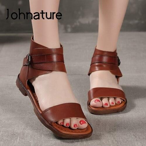 Johnature Genuine Leather Women Sandals Summer Buckle Strap Retro Flat With Casual Sewing 2021 New Handmade Ladies Sandals