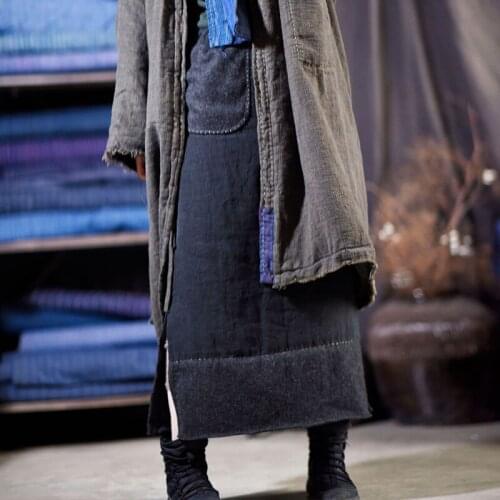 Johnature Women Linen Thick Patchwork Straight Skirts Vintage Clothes Elastic Waist 2021 Autumn New Pockets Women Skirts