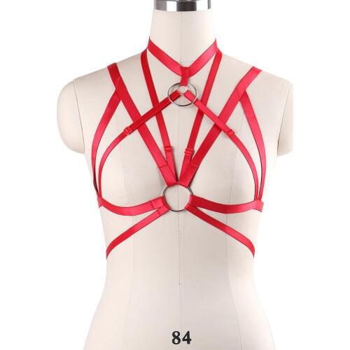 Red Harajuku Gothic Fetish Rave Wear Harness Bra Sexy Lingerie Bondage Harness Cage Bra Womens Body Harness Body Cage