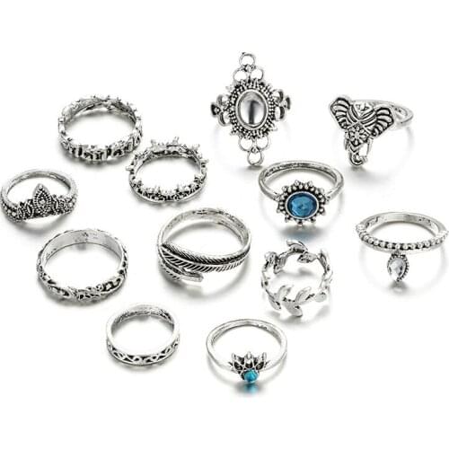 Vintage Elephant Crystal Antique Silver Ring Gemstone Crown Ring 12-piece Set Women Accessories Rings Gift