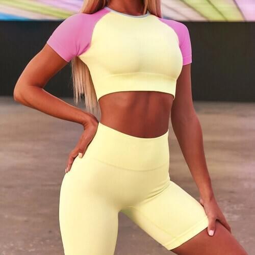 Yoga Women Stitching Sportswear Suit Short Sleeve Tops Gym High Waist Leggings Shorts Fitness Running Push Ups Track Set Female